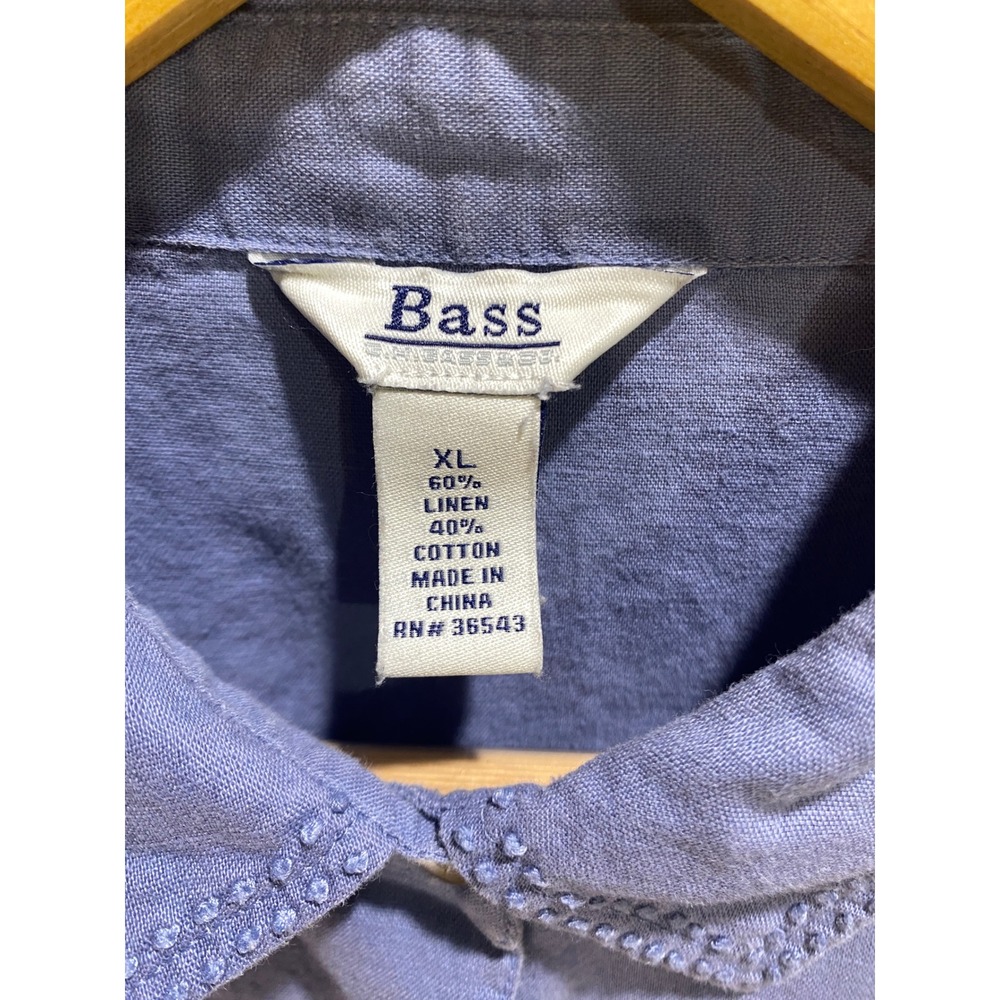 Bass Womens XL Blue Linen Cotton 3/4 Sleeve Button Down Shirt Embroidered Collar - Picture 3 of 10